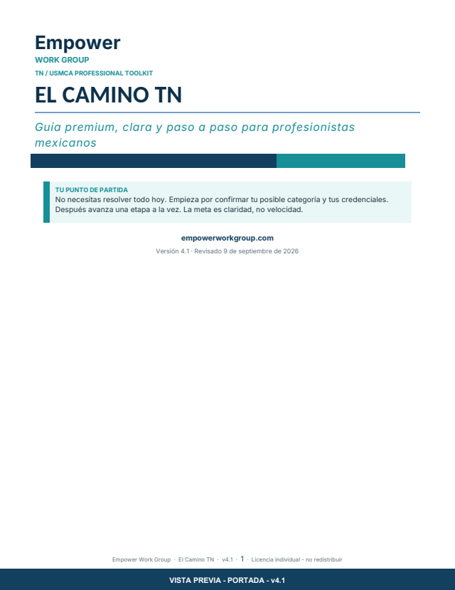 Portada de El Camino TN con resumen de la guía, plantillas, paquete para empleadores, cuaderno y guía visual DS-160